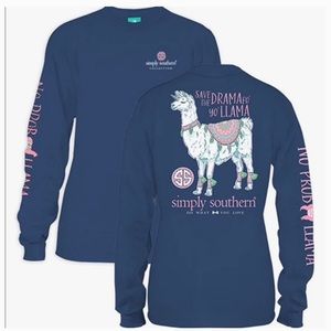 Simply Southern Save the Drama Llama Long Sleeve Tee T-shirt top blue small